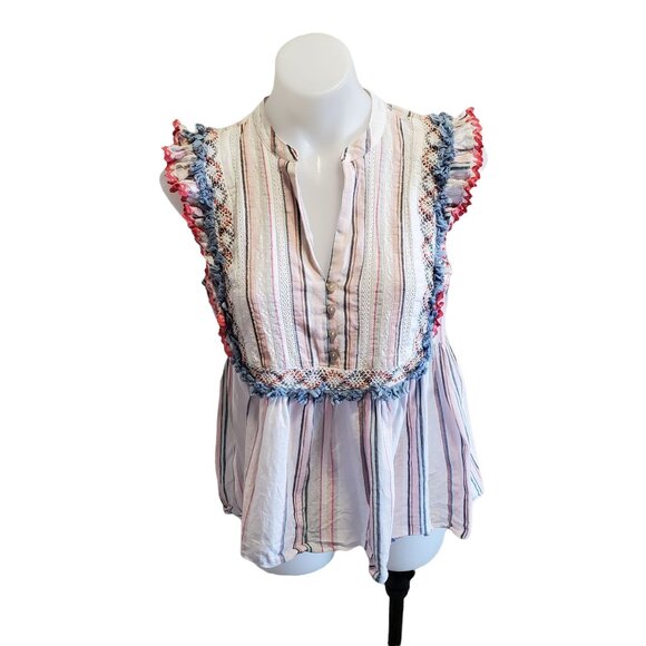 Ella Moss Natalia Babydoll Multicolored Striped Sleeveless Ruffle Peplum Top Med - Picture 3 of 10